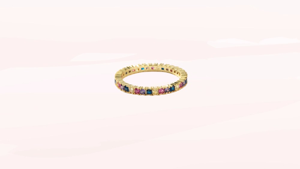 Gold ring with colorful baguette gemstones