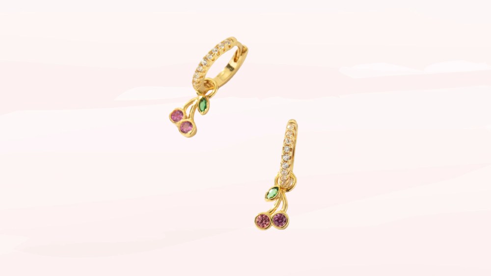 Gold hoop earrings with cherries
