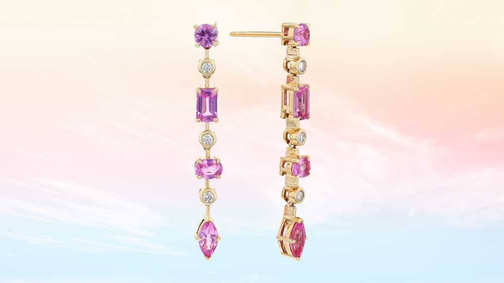Pink Sapphire & Diamond Column Dangle Earrings