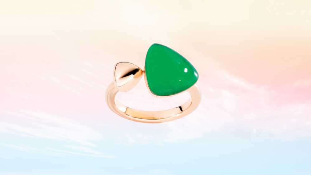 Trillion-cut jade with rock crystal quartz ring